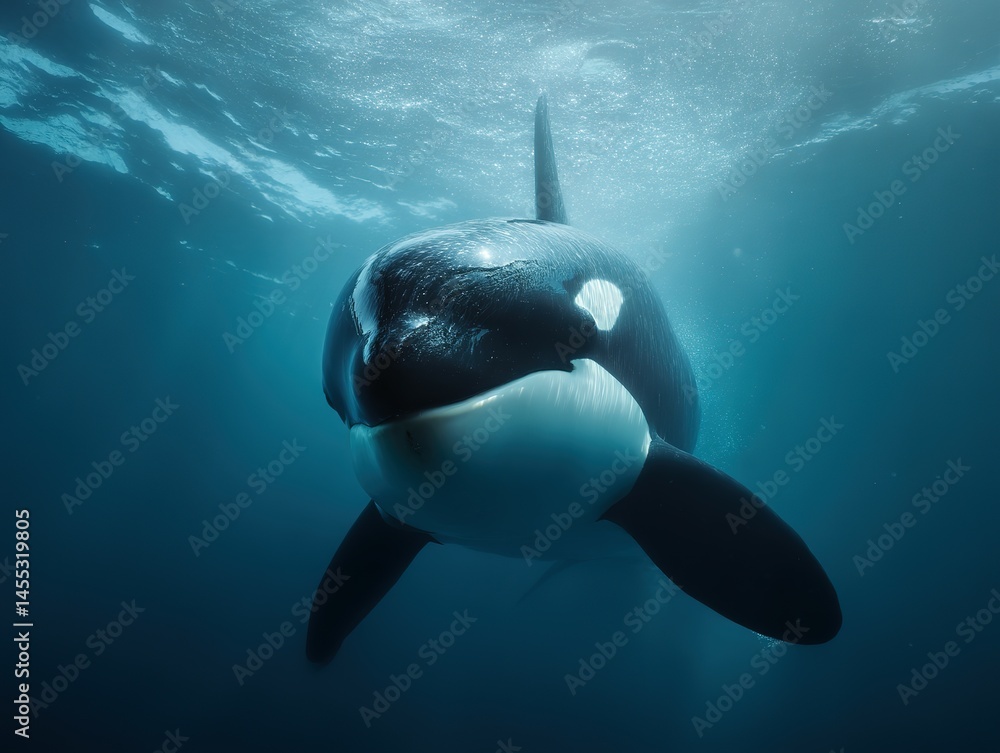 Obraz premium Close-up view of a killer whale swimming underwater.