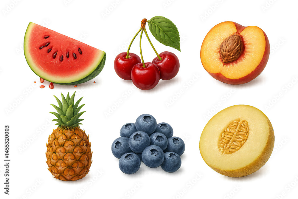 Fototapeta premium Juicy summer fruits collection on transparent background. Watermelon, cherries, peach, pineapple, blueberries, melon. Fresh healthy food illustration for menu, packaging design