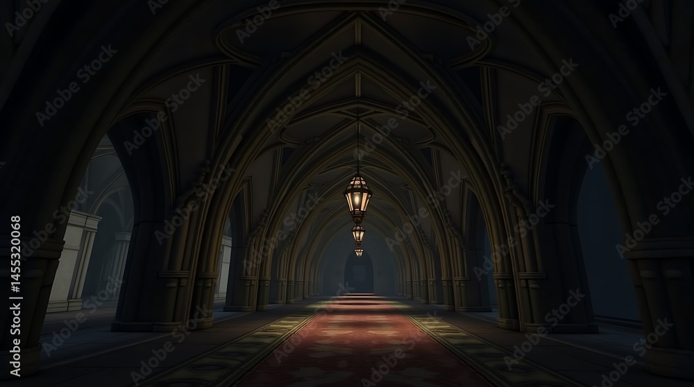 Fototapeta premium Majestic arched corridor with ornate lamps illuminating the dark ambiance