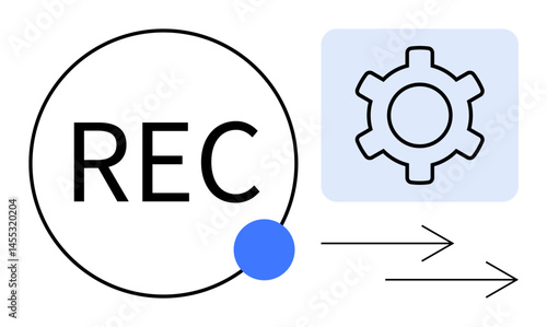 REC button in bold circle, blue dot, gear for settings, and arrows indicating motion. Ideal for media, automation, technology, process flow, system updates data transfer simple landing page