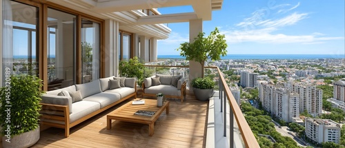 Luxurious apartment balcony overlooking a cityscape and ocean.  Outdoor furniture creates a relaxing space