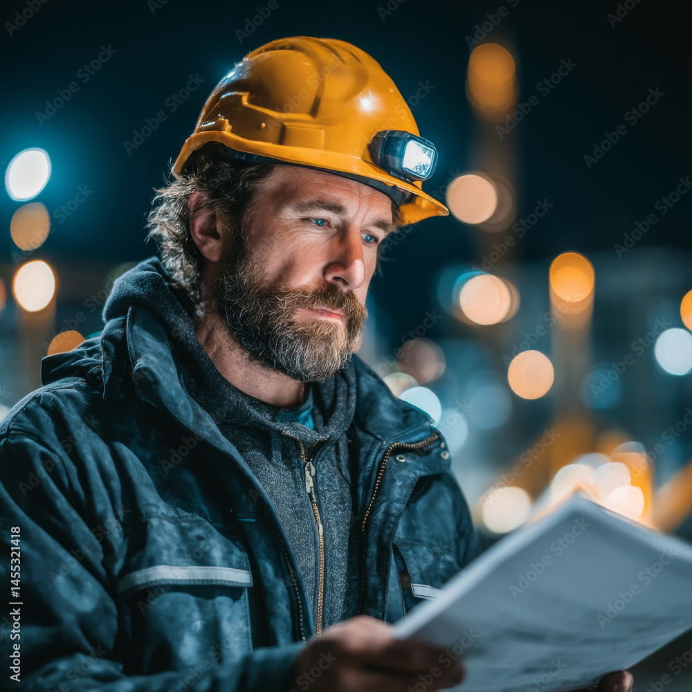 focused engineer wearing yellow helmet with flashlight inspects blueprints at night, surrounded by blurred lights focused engineer wearing yellow helmet with flashlight inspects blueprints at night, surrounded by blurred lights