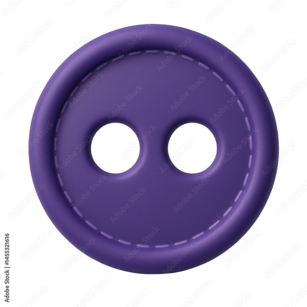 Fototapeta premium Rich purple circular sewing button with two prominent holes and decorative edge stitching detail, rendered in smooth 3D.