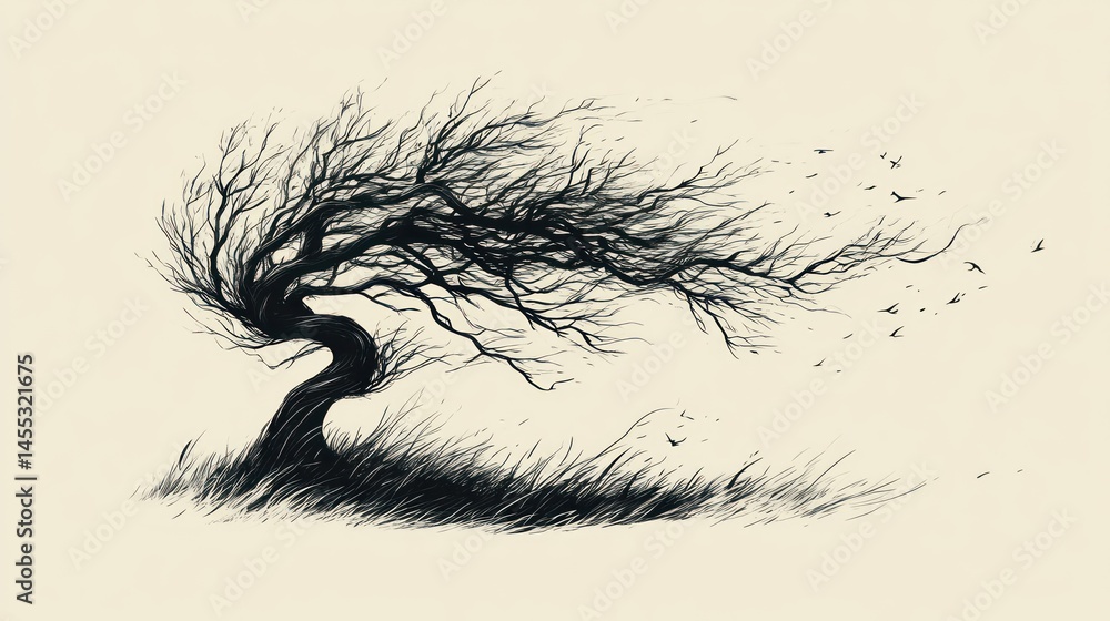 Fototapeta premium Windswept tree silhouette, artistic drawing, tranquil scene, potential use for nature print or digital art