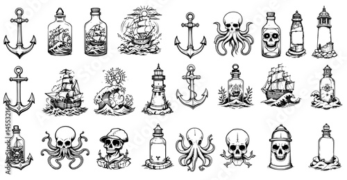 Ocean anchor, compass, ship in a bottle, crashing waves, octopus, sailor skull, lighthouse, and bottles vector illustration on white background