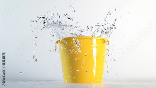 dynamic splash of water erupting from a bright yellow bucket against a clean backdrop capturing motion and vibrancy with vivid clarity