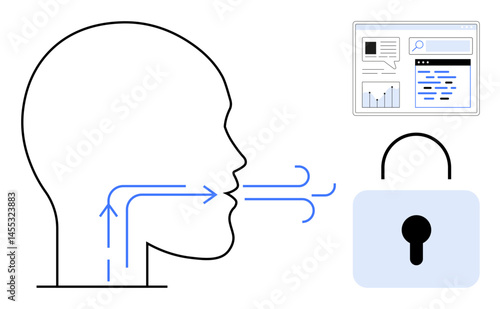 Human head with soundwave arrows, digital interface with graphs, and padlock symbol. Ideal for data privacy, online security, voice recognition, technology, AI, biometrics and simple landing page