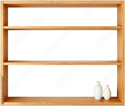 Stylish wooden shelf with decorative vases.