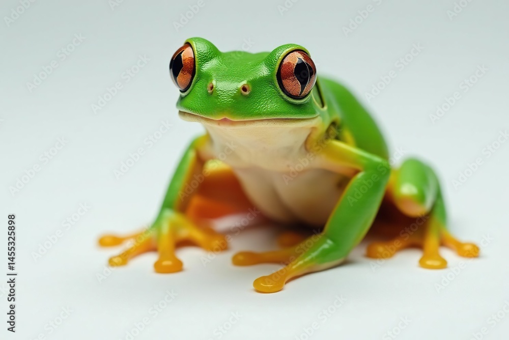 Green tree frog perched on white, vibrant skin, isolated, reptile, animal Green tree frog perched on white, vibrant skin, isolated, reptile, animal
