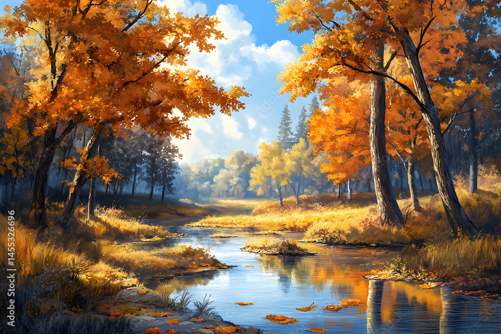 Fototapeta premium Golden Splendor: Embracing the Timeless Elegance of Nature's Autumnal Transition in a Serene Forest Setting