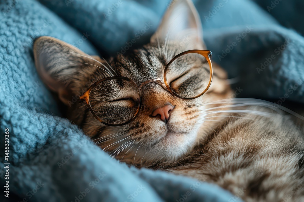 Cat relaxing with glasses on cozy blanket Cat relaxing with glasses on cozy blanket