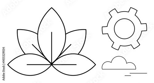 Leaf symbolizing nature, gear for technology, cloud representing connectivity. Ideal for sustainability, innovation, nature-tech fusion, environment, balance, growth simple landing page