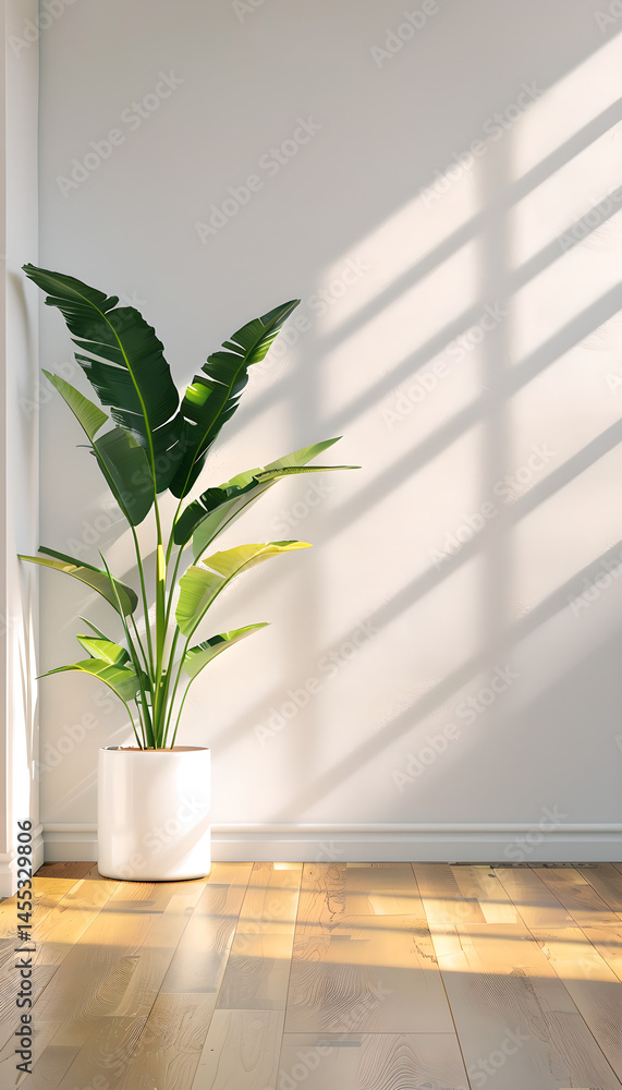 Fototapeta premium Sunlit Indoor Banana Plant in Minimalistic Room