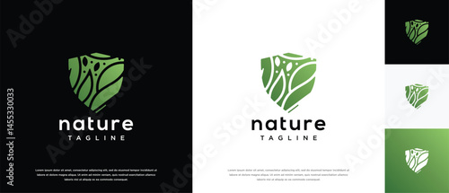 Nature security shield logo design. Shield logo design vector icon with leaves.