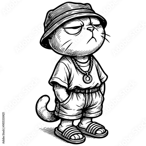 Stylized Cat Character in Bucket Hat with Streetwear Outfit  Vintage Black and White Line Art