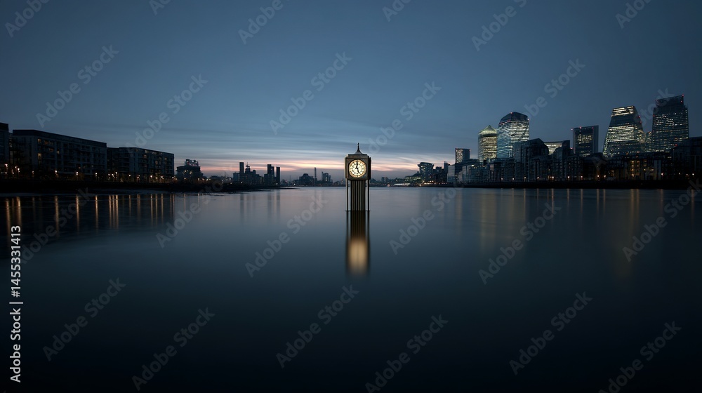 Tranquil city skyline reflected in still water at dawn. Tranquil city skyline reflected in still water at dawn.