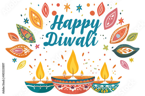 Decorative Happy Diwali Celebration Illustration With Diyas And Festive Ornaments