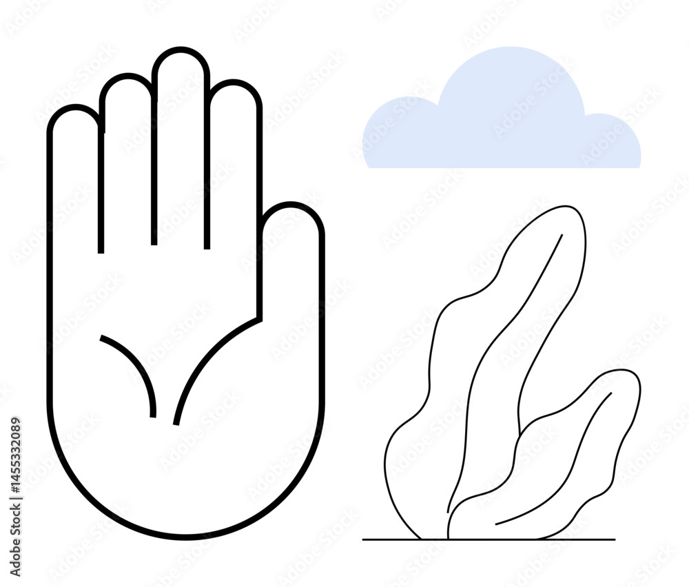 Open hand outline with a greenery illustration and soft blue cloud. Ideal for mindfulness, environment, nature, wellness, protection, simplicity, and a calm, simple landing page Open hand outline with a greenery illustration and soft blue cloud. Ideal for mindfulness, environment, nature, wellness, protection, simplicity, and a calm, simple landing page