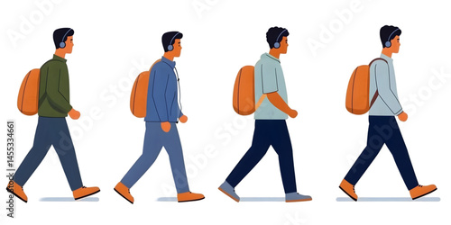 Illustration of Man Walking Sideways in Different Outfits Transparent Background