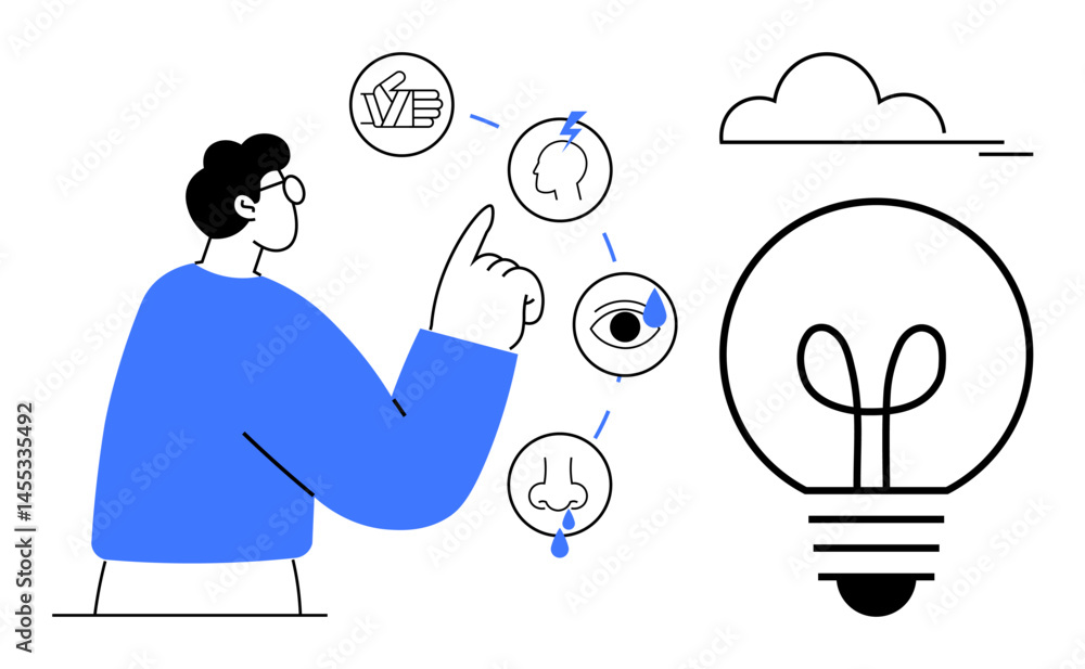 Male figure analyzing sensory icons for touch, hearing, sight, smell, thought. Connected to a lightbulb symbolizing innovation. Ideal for creativity, brainstorming, exploration ideas mind map Male figure analyzing sensory icons for touch, hearing, sight, smell, thought. Connected to a lightbulb symbolizing innovation. Ideal for creativity, brainstorming, exploration ideas mind map