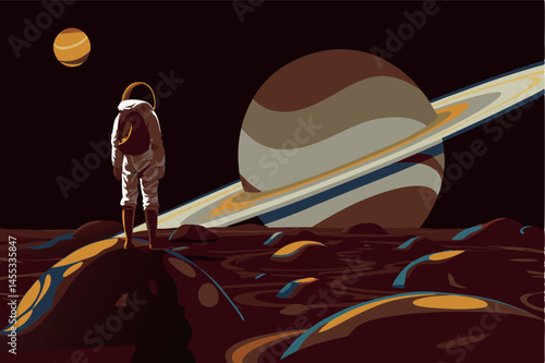 An astronaut stands on a planet surface looking at saturn and another planet in space