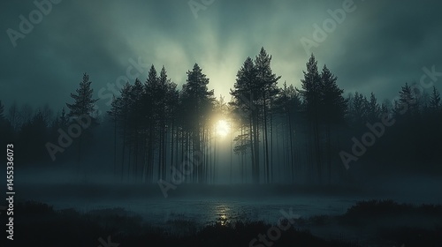 Generative AI Image of Pine Trees in Forest Nature Landscape with Fog and Sunlight in the Morning