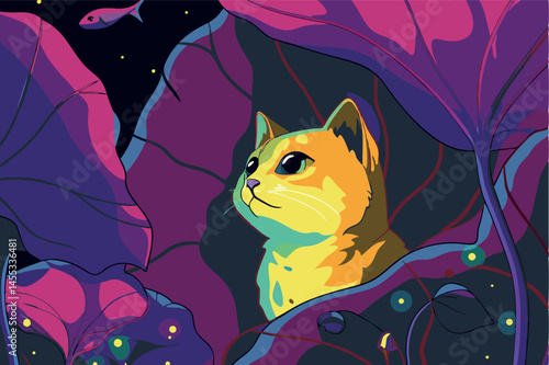 A cat looking up at a fish in a surreal landscape with large leaves and fireflies