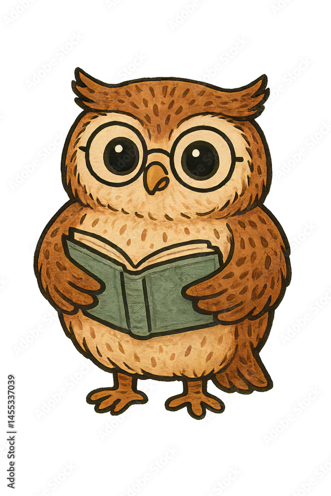 Fototapeta premium Cartoon owl reading book on transparent background. Cute forest animal character for education, literacy, and learning concept. Illustration for children's book or school design