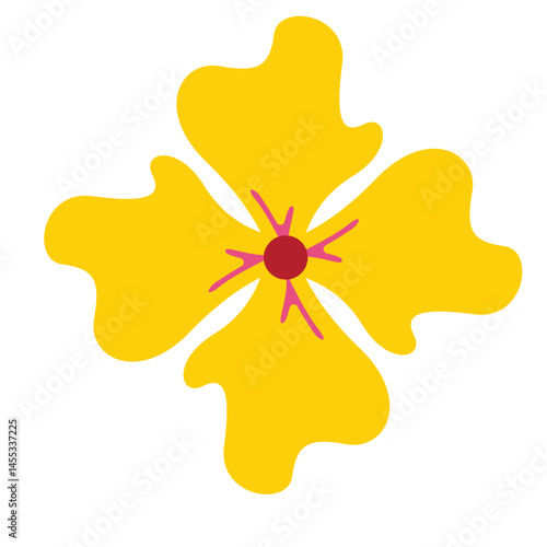 A vibrant yellow flower with abstract petals and a red center, showcasing a unique and colorful artistic design.