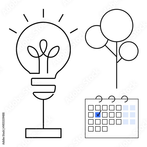 Lightbulb with leaf design symbolizing ideas, tree signifying growth, and a calendar with a checkmark emphasizing planning. Ideal for creativity, innovation, ecology, sustainability, time management