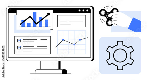 Computer screen displaying graphs, charts, and checklists, hand holding fidget spinner, gear icon. Ideal for productivity, analysis, technology, workflow multitasking innovation simple landing
