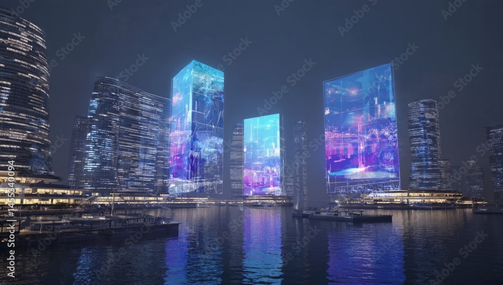 Fototapeta premium Futuristic cityscape with tall glowing skyscrapers reflecting in calm water at night. Vibrant digital displays light up the skyline, creating a colorful high-tech urban atmosphere by the waterfront.