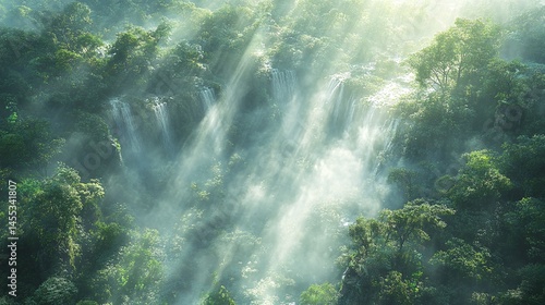 Generative AI Image of Dense Trees in Forest Nature Landscape with Fog and Sunlight