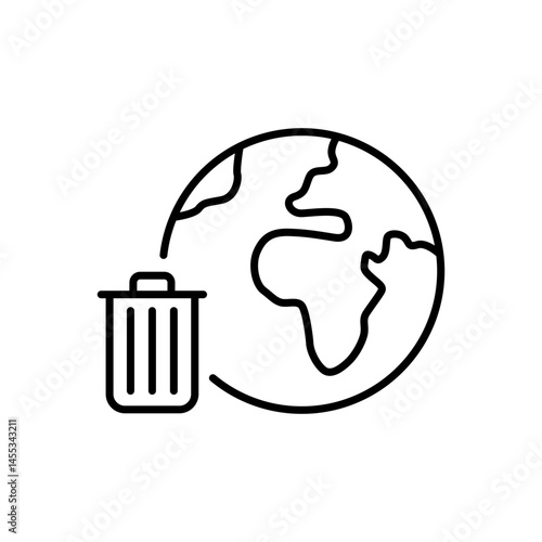 Global trash icon. Simple outline style. Earth globe, trash, recycle bin, pollution, recycling, garbage, planet, environment concept. Thin line symbol. Vector illustration isolated.