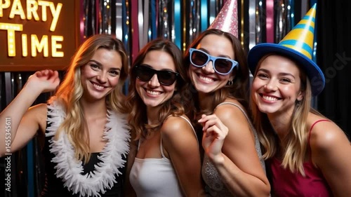 Happy Friends Celebrate Party Time with Festive Hats and Sunglasses