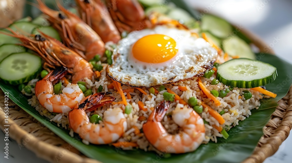 Fried rice with shrimp, sunnyside up egg, and cucumber slices is served elegantly Fried rice with shrimp, sunnyside up egg, and cucumber slices is served elegantly