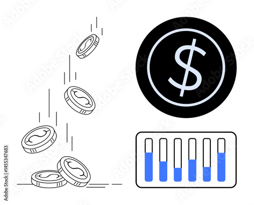 Coins dropping, bold dollar sign, bar chart with growth levels in blue. Ideal for finance, investment, economy, savings, budget management, business strategy simple landing page