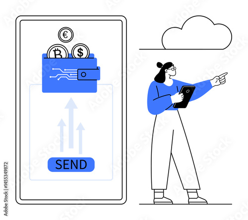 Digital wallet with coins on a smartphone screen and Send button. Woman holding tablet gestures to cloud. Ideal for finance, technology, crypto, payment, security, mobile business, simple landing