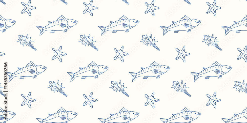 Fototapeta premium Pattern featuring fish and starfish on a light background for nautical-themed design