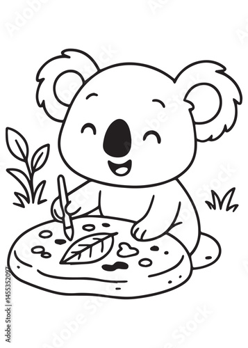 Coloring book koala happily draws a leaf on a round surface. Adorable line art for coloring education kid