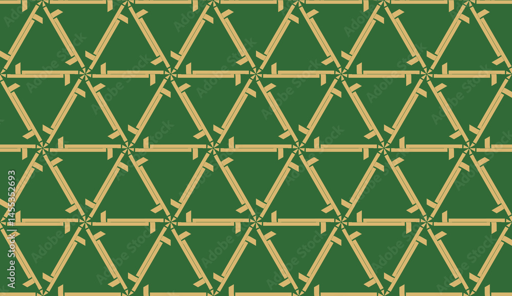 Decorative background with triangles. Curved lines. Vector illustration. Green, gold color. Bright background for poster, banner, flyer. Seamless Decorative background with triangles. Curved lines. Vector illustration. Green, gold color. Bright background for poster, banner, flyer. Seamless