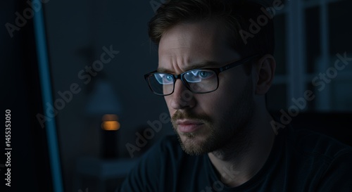 Night Focus: A Man Concentrates on his Computer Screen