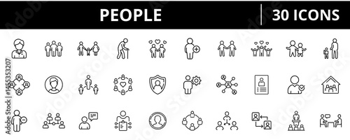 Minimalistic outline icons representing people, families, and social interactions.