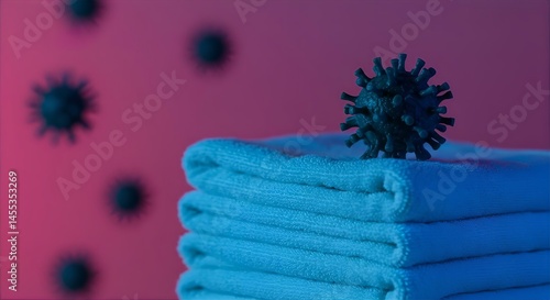 Virus on Towels: Infection Prevention, Hygiene Concept. Stacked Blue Towels with Virus Illustration. Health & Sanitation Visual.
