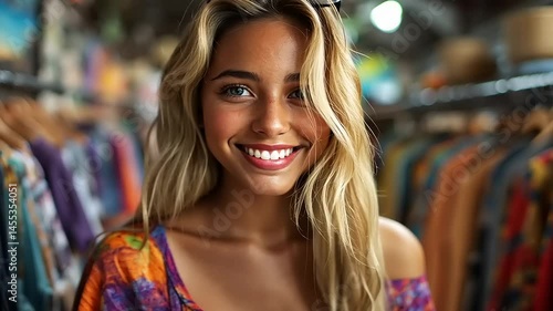 Wallpaper Mural Woman smiling in a clothing store, looking happy and confident among colorful clothes Torontodigital.ca