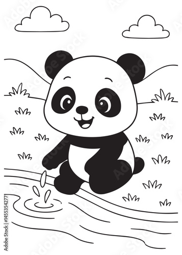 Coloring book panda sits playfully by a rippling stream under fluffy clouds and hill background 