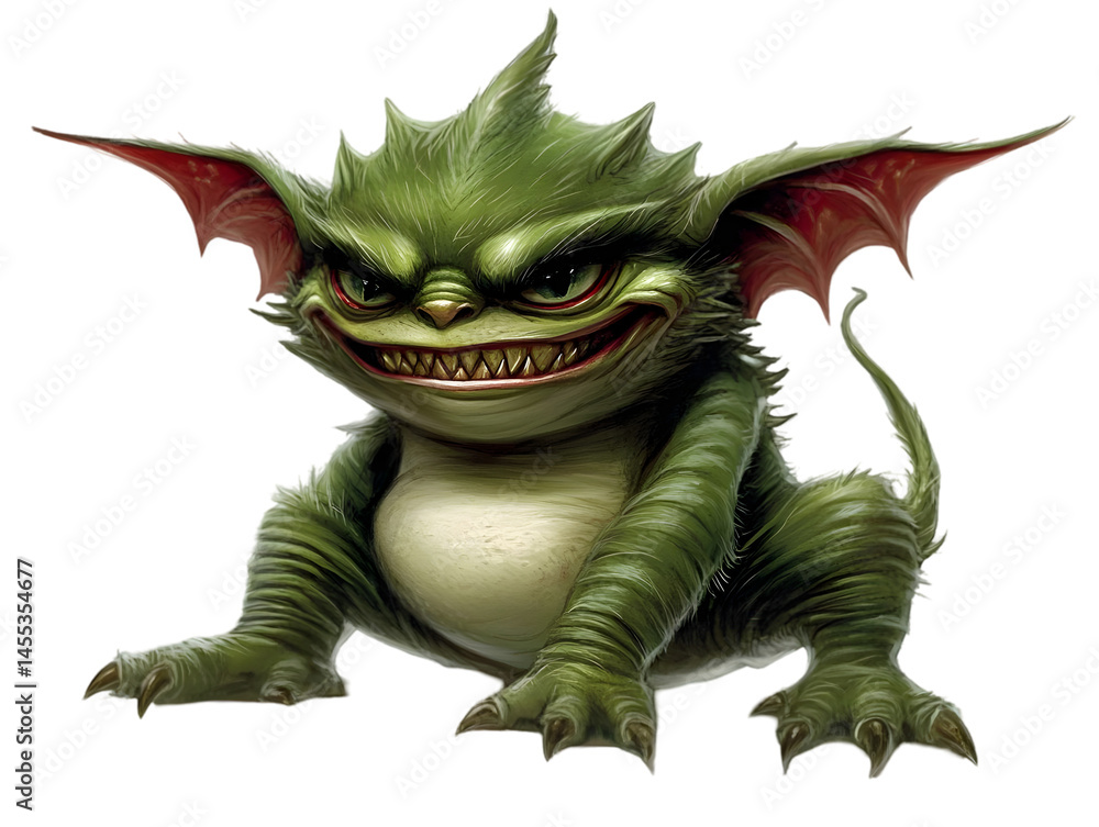 Fototapeta premium Playful Green Monster with Wings Isolated on Transparent Background