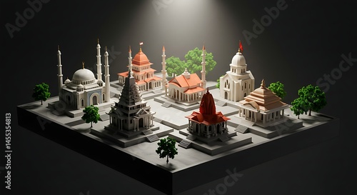 A tiny 3D diorama of multiple world faith houses of worship coexisting peacefully on one platform