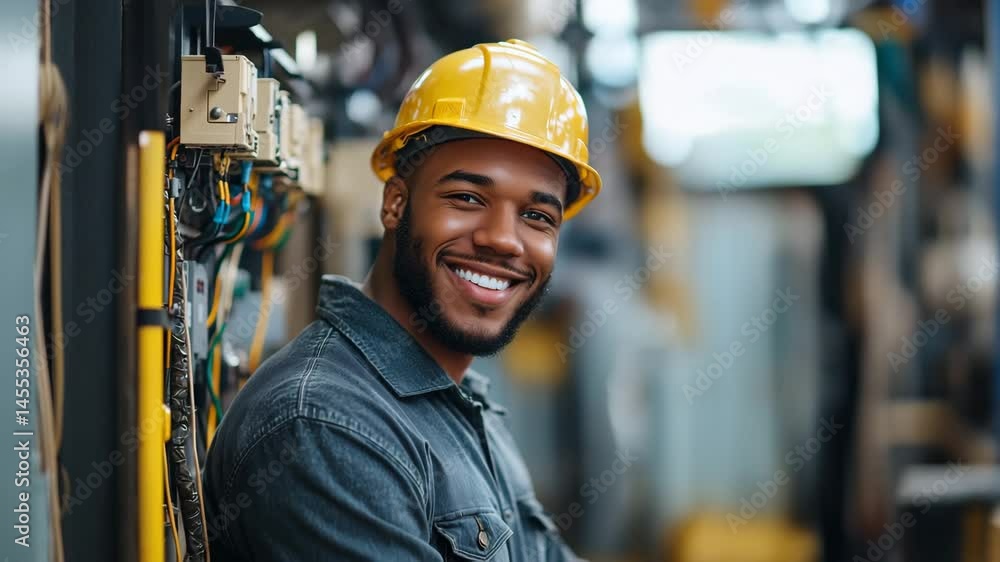 Smiling Construction Worker in Industrial Setting with Yellow Hard Hat: Safety Gear & Teamwork in Manufacturing and Energy Sectors Smiling Construction Worker in Industrial Setting with Yellow Hard Hat: Safety Gear & Teamwork in Manufacturing and Energy Sectors