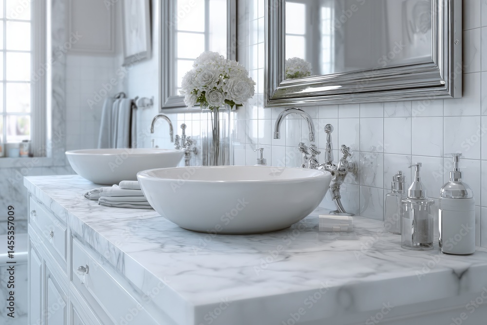 Fototapeta premium Elegant bathroom with double sinks, marble countertops, and a touch of white flowers. Clean and modern design.